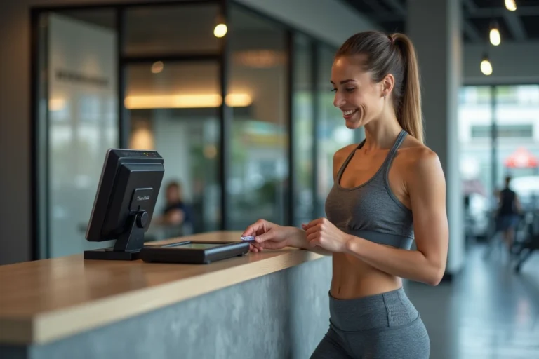 Femme scannant sa carte d'abonnement Basic Fit à la réception d'une salle de sport moderne