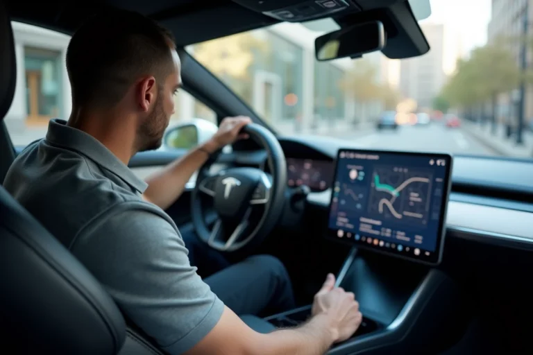 Conducteur activant la conduite autonome sur l'écran tactile de sa voiture moderne