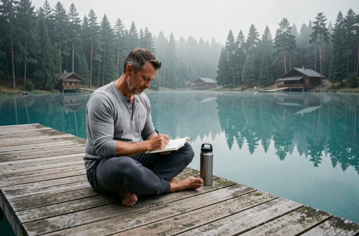 Homme dessinant dans un carnet assis sur un ponton au bord d'un lac calme, activité créative et détente en voyage