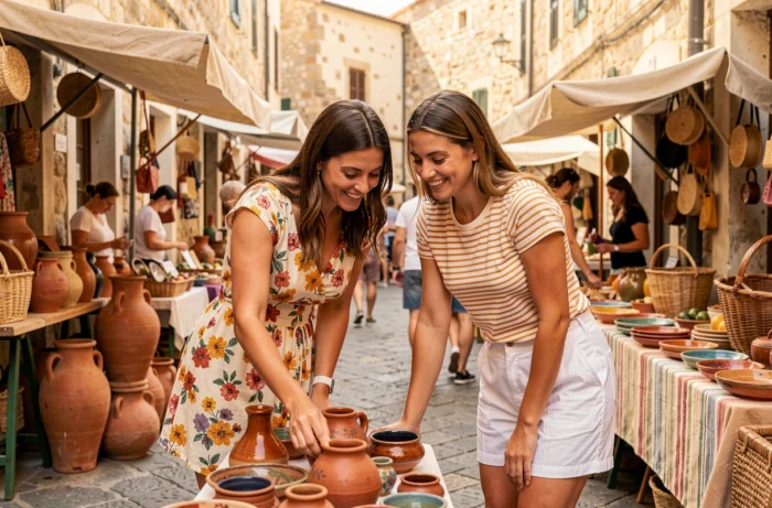 Deux voyageuses explorant un marché artisanal local en plein air, découverte culturelle et shopping lors d'un voyage
