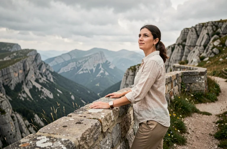 Voyageuse admirant un panorama de montagne lors d'une randonnée, idée d'activité en plein air pendant un voyage