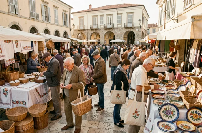 Ambiance animée du marché hebdomadaire de Porto Torres avec des habitants parcourant des étals de textiles brodés et céramiques sardes traditionnelles