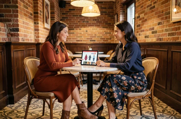 Deux amies souriantes partageant une tablette affichant un site de mode en ligne autour d'un café dans un intérieur européen chaleureux et tendance