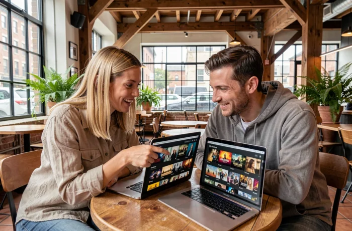 Deux amis dans un café branché explorant ensemble les tendances cinéma et séries sur leurs ordinateurs portables, ambiance conviviale urbaine