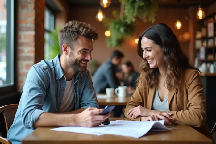 Deux amis planifiant ensemble leur prochain voyage dans un café avec un smartphone et des fiches d'itinéraire