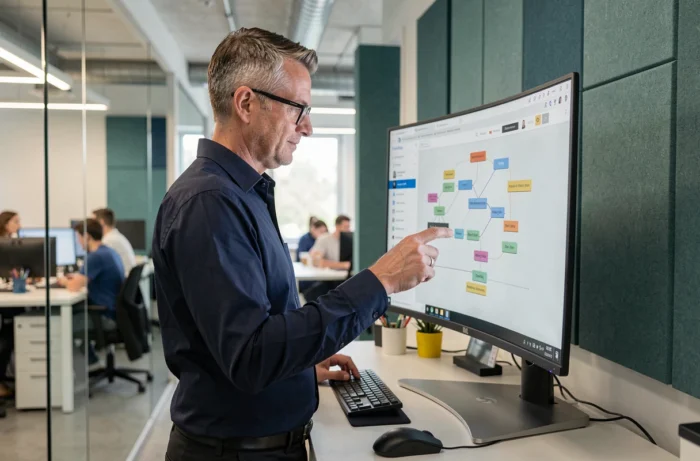 Professionnel analysant la structure d'un site web sur un écran ultrawide en open space