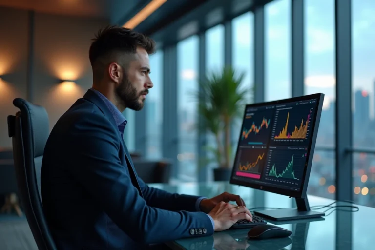 Analyste financier étudiant des graphiques de cryptomonnaies et de blockchain sur plusieurs écrans dans un bureau moderne pour diversifier son portefeuille d'investissement