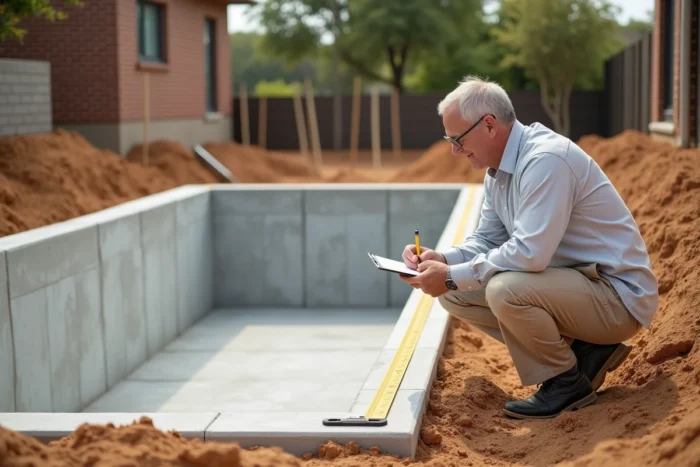 Architecte paysagiste mesurant les dimensions d'un chantier de piscine résidentielle pour respecter les seuils d'imposition locaux