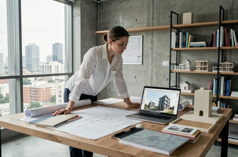 Architecte femme travaillant sur des plans et des maquettes dans un studio moderne aux murs en béton brut
