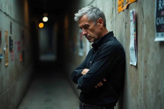 Artiste masculin en coulisses d'une salle de concert, posture réfléchie, symbolisant les défis personnels et artistiques liés à une maladie chronique