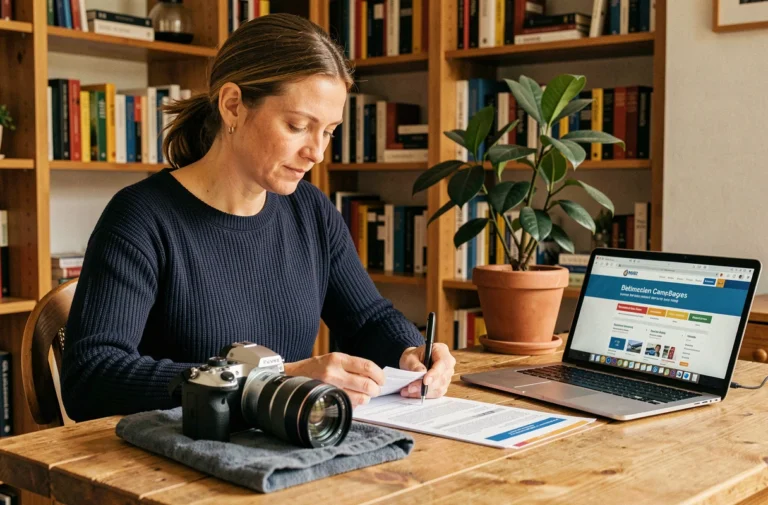 Femme photographe belge comparant des offres d'assurance pour appareil photo à son bureau à domicile