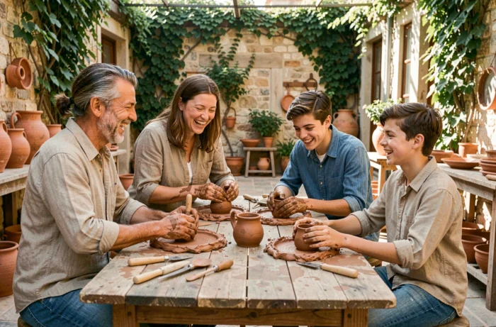 Famille participant à un atelier de poterie en plein air lors d'un voyage, mains dans l'argile autour d'une table en bois