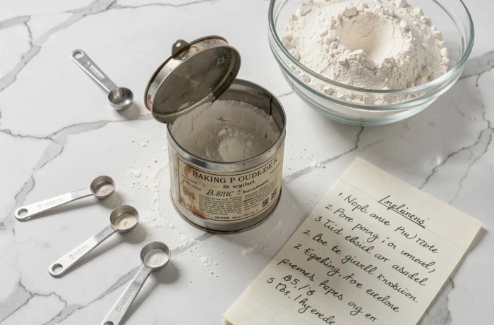 Boîte de levure chimique ouverte avec des cuillères doseuses et une recette manuscrite sur marbre blanc, illustration de l'utilisation de la levure en pâtisserie