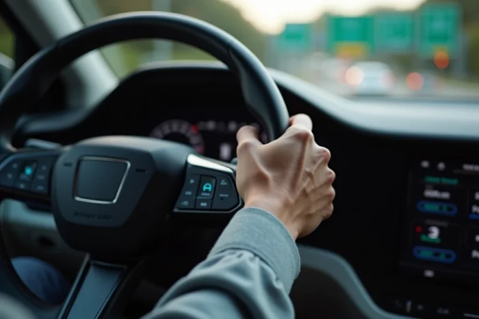 Gros plan sur les boutons d'activation de la conduite autonome sur un volant de voiture moderne
