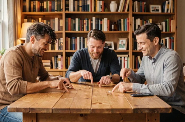 Groupe d'adultes tapotant leurs doigts sur la table pour imiter le bruit de la pluie