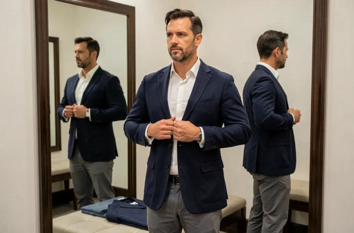 Homme essayant un blazer marine dans une cabine d'essayage Banana Republic devant un miroir en pied