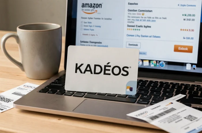 Carte cadeau Kadéos posée près d'un ordinateur affichant une confirmation de commande Amazon sur un bureau en bois