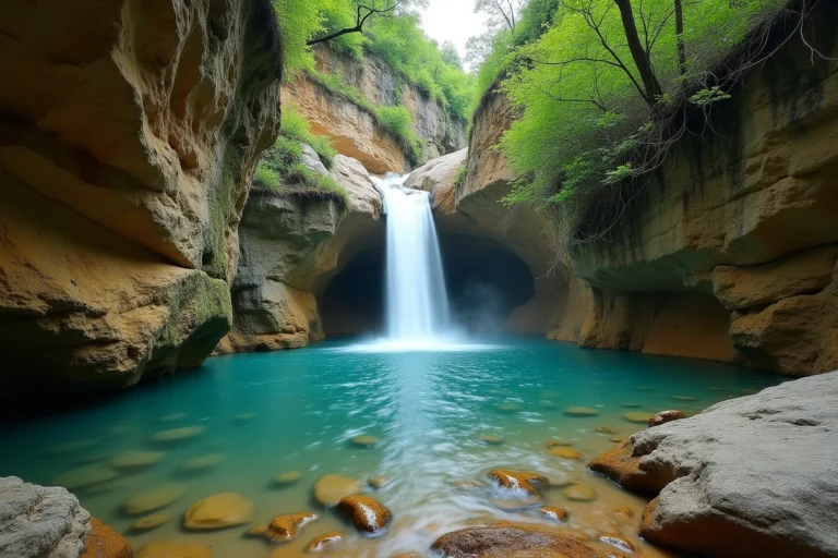 La cascade de la Vis dans les gorges calcaires du sud de la France, entourée de végétation méditerranéenne