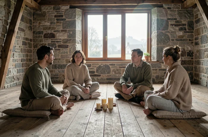 Cercle d'intégration post-cérémonie lors d'une retraite ayahuasca dans une grange rénovée en France