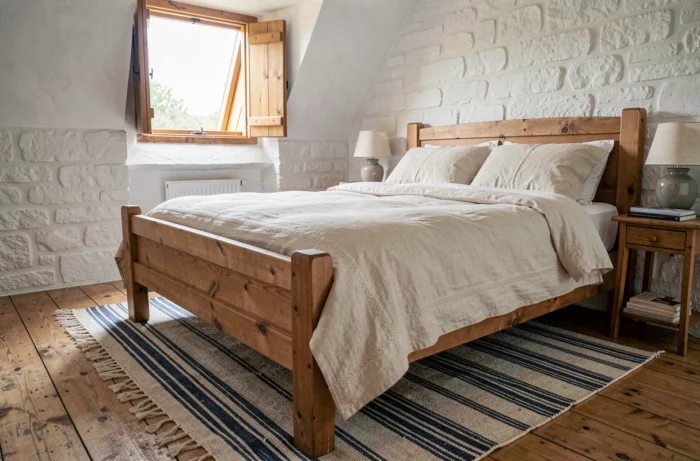 Chambre bretonne rustique avec murs en pierre blanchie, parquet en pin et décoration littorale épurée