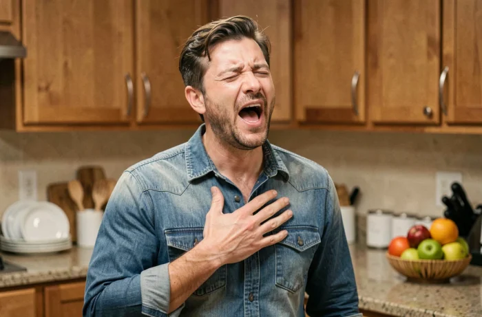 Homme chantant spontanément le refrain d'une chanson dans sa cuisine