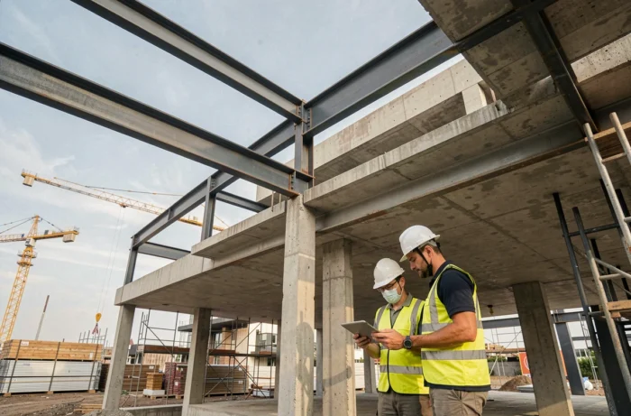 Chantier de construction d'un bâtiment résidentiel contemporain avec des ouvriers inspectant la structure en acier