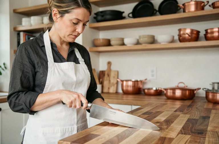 Cheffe cuisinière évaluant un couteau de chef en acier inoxydable dans une cuisine moderne bien équipée