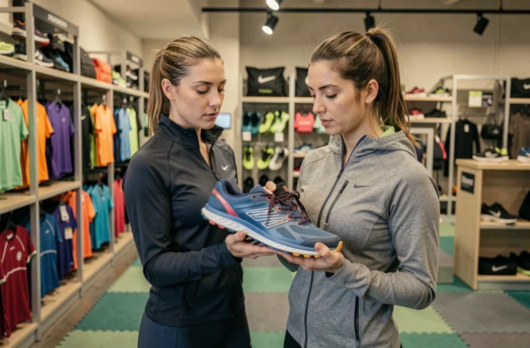 Femme en tenue de sport examinant des chaussures de trail dans un magasin d'équipement sportif spécialisé