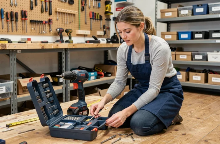 Femme choisissant un foret adapté pour la perceuse Bosch CSB 500 RE dans un atelier de bricolage organisé