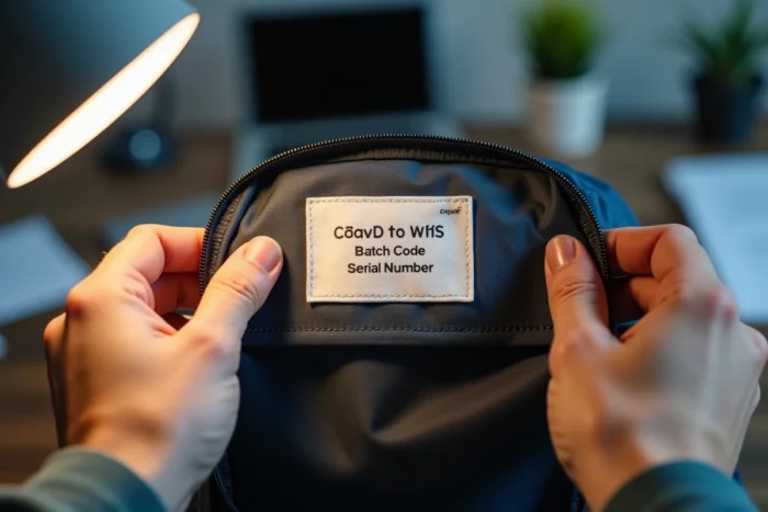 Étiquette intérieure d'un sac Eastpak montrant le code de lot et le numéro de série imprimés
