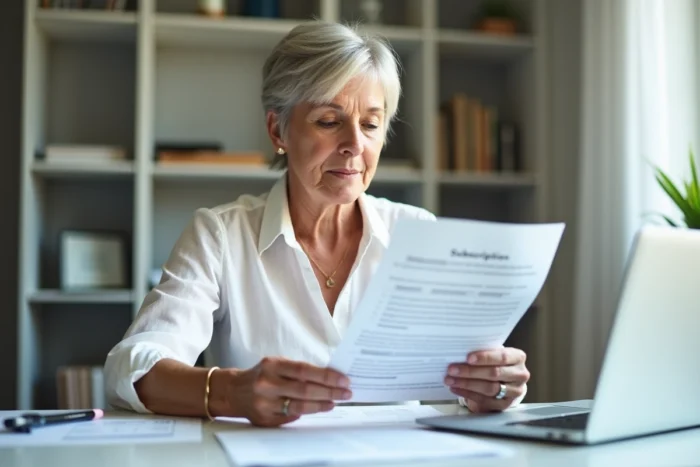 Femme comparant les informations d'abonnement Le Fil des Ans sur ordinateur et document imprimé