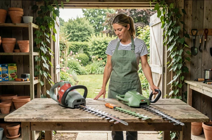 Femme comparant deux modèles de taille-haie sur une table de jardinage en bois dans un abri de jardin rustique
