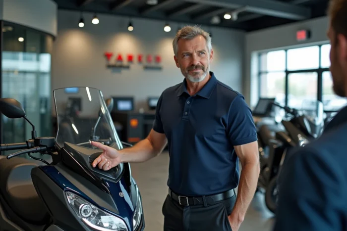 Vendeur de moto en concession présentant le tarif du Yamaha TMAX 750 dans un showroom moderne, illustration de la hausse des prix en 2026