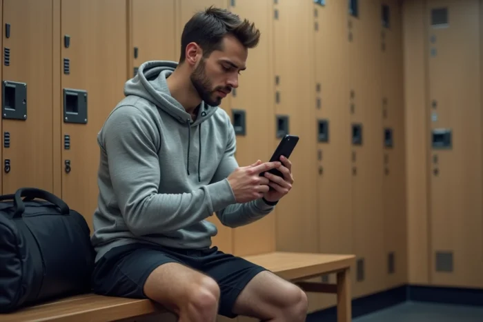 Homme consultant les conditions d'abonnement mensuel Basic Fit sur son smartphone dans un vestiaire
