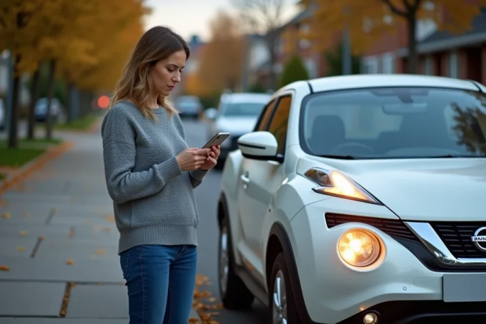 Conductrice inquiète vérifiant son téléphone après l'allumage des voyants moteur et ESP sur sa Nissan Juke