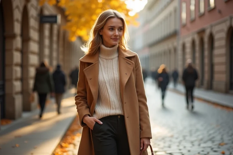 Femme élégante en manteau camel portant une tenue d'automne chic dans une rue pavée européenne