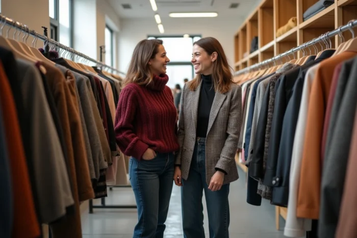 Deux femmes élégantes explorant des tenues tendance dans une boutique de mode minimaliste en hiver