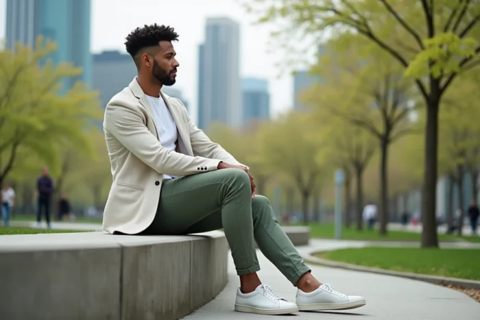 Homme en blazer lin pastel assis dans un parc urbain au printemps avec un style décontracté et élégant