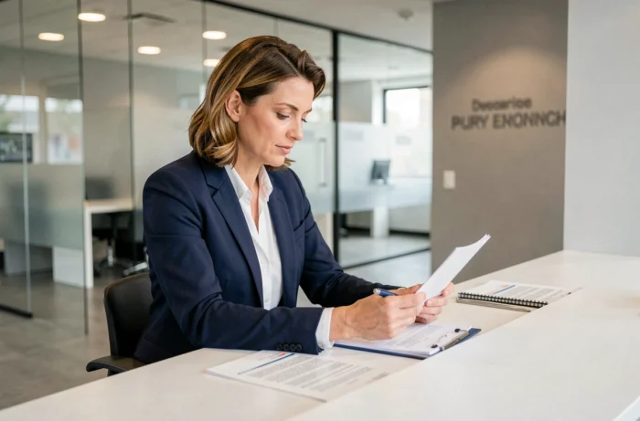 Conseillère bancaire professionnelle examinant des documents financiers dans une agence bancaire moderne, illustrant les services de la Banque Cortal