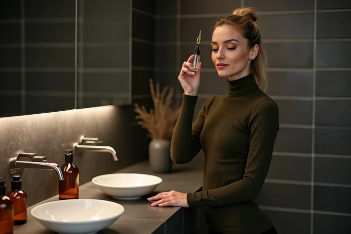 Femme mature appliquant un sérum visage dans une salle de bain contemporaine, routine beauté haut de gamme et tendances soins de la peau