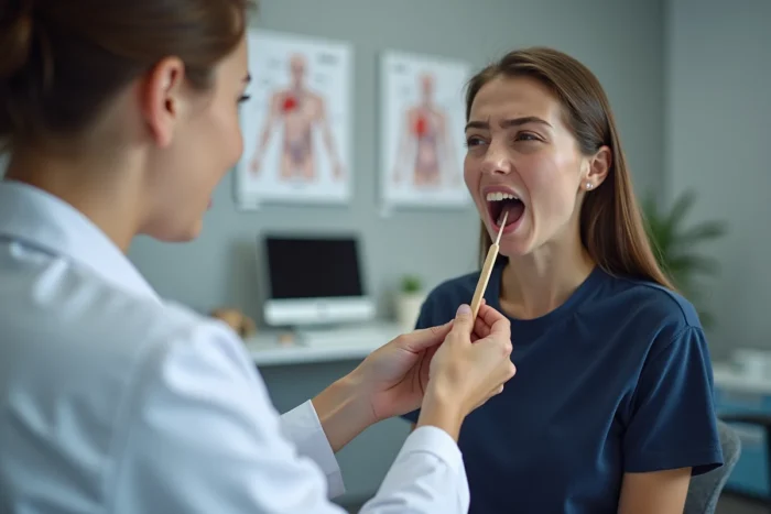 Jeune femme en consultation médicale pour symptômes viraux, montrant sa gorge à un médecin généraliste dans un cabinet moderne