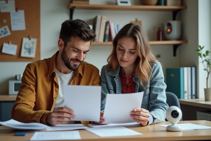 Couple de jeunes parents consultant les démarches de prolongation de la PreParE sur smartphone et documents imprimés dans un bureau à domicile