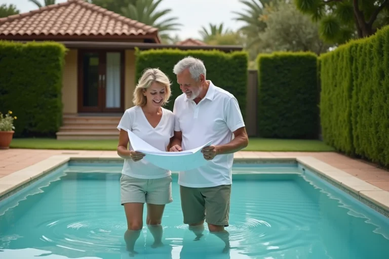 Couple étudiant les plans d'une piscine rectangulaire dans un jardin suburban pour choisir les dimensions idéales sans dépasser le seuil fiscal