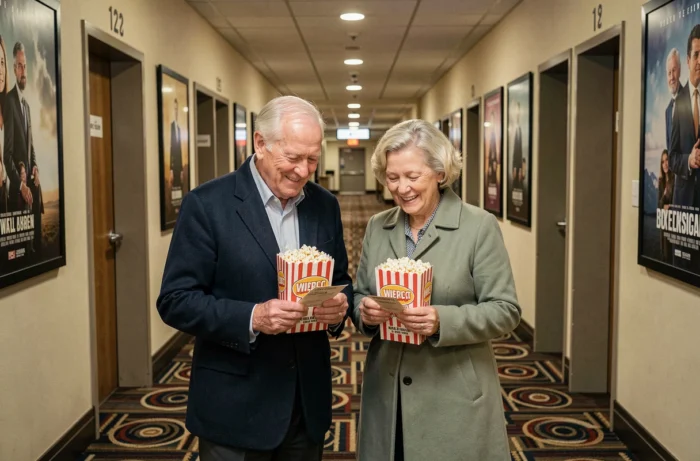 Un couple de seniors tenant leur pop-corn et leurs billets dans le couloir d'un cinéma