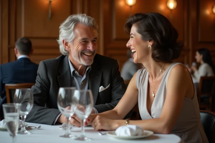 Couple de seniors élégants partageant un premier rendez-vous romantique dans un restaurant raffiné