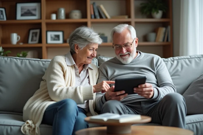 Couple de seniors consultant des ressources santé sur une tablette dans leur salon