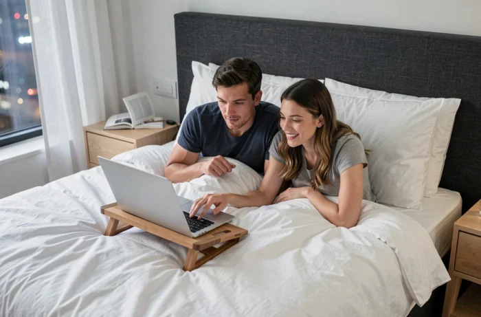 Couple allongé sur un lit regardant une série en streaming sur un ordinateur portable dans une chambre à coucher minimaliste