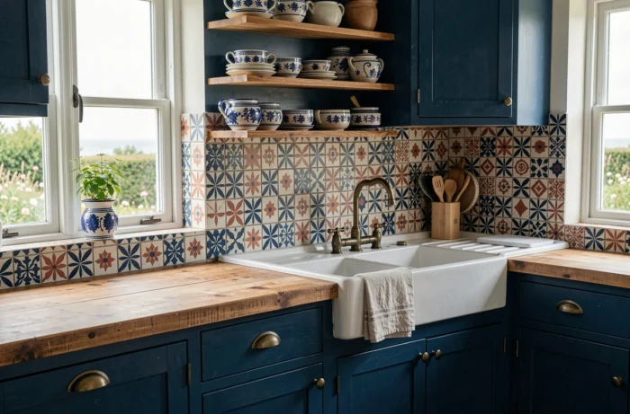 Cuisine bretonne avec meubles bleu marine, carreaux de ciment et poterie artisanale traditionnelle