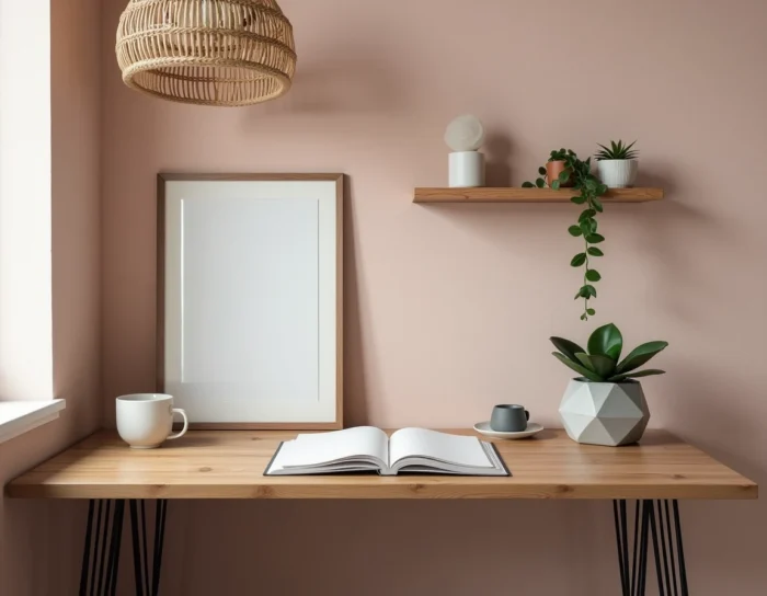 Coin bureau à domicile décoré avec un bureau en bois vintage, un mur en papier peint lin rose et des plantes succulentes en pot en béton