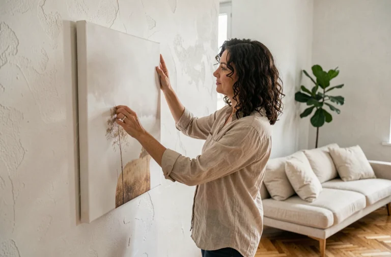 Femme installant un grand tableau personnalisé sur un mur blanc dans un salon moderne au style scandinave